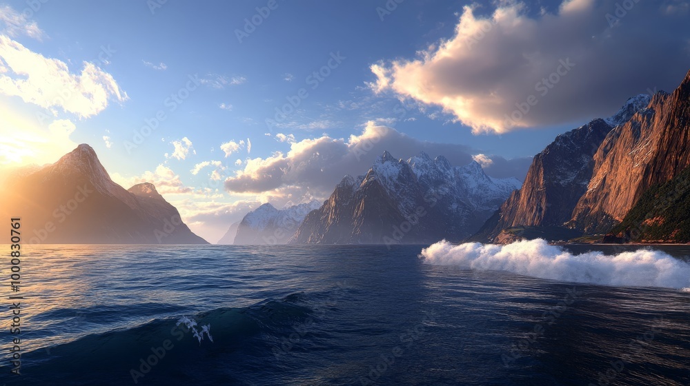 Majestic Mountain Peaks Reflecting in Calm Sea Water at Sunset Majestic Mountain Peaks Reflecting in Calm Sea Water at Sunset