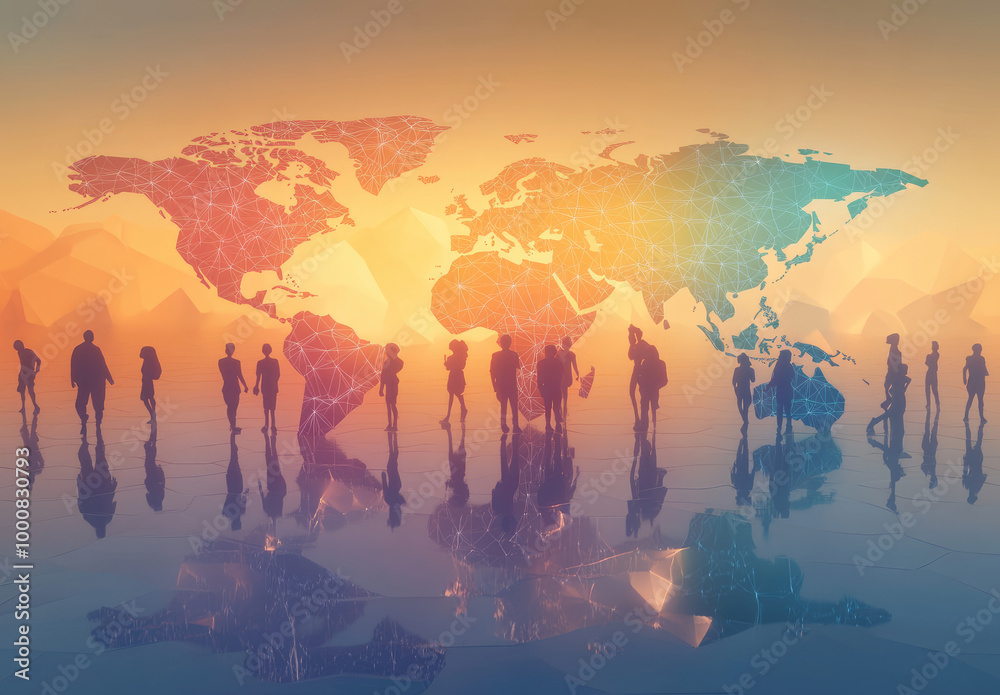 3D world map with small people standing on it, digital illustration, isometric, soft shadows, global illumination