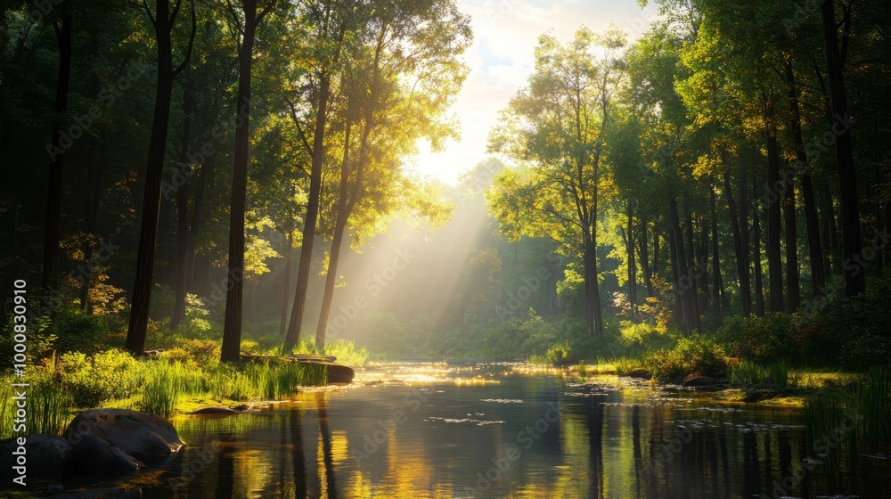 Sunbeams Through Forest Canopy River Sunbeams Through Forest Canopy River