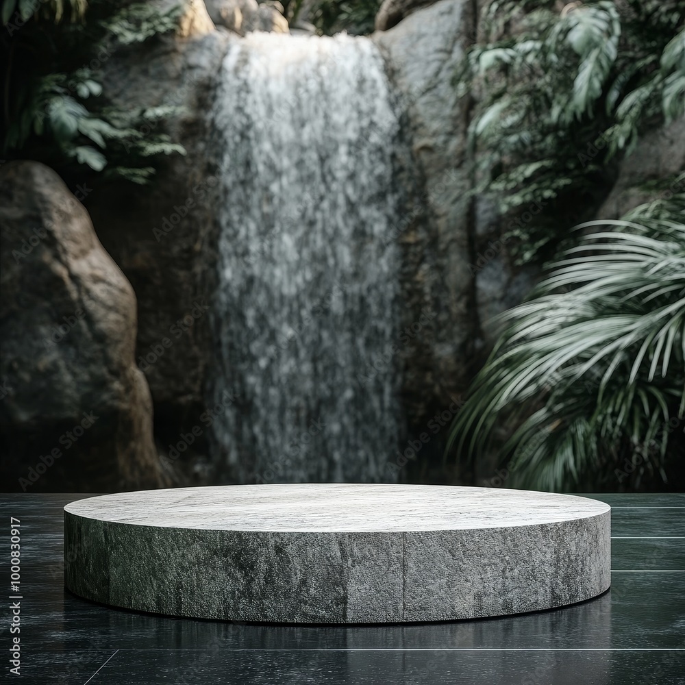 Empty white marble podium in front of waterfall. 3D Rendering Empty white marble podium in front of waterfall. 3D Rendering