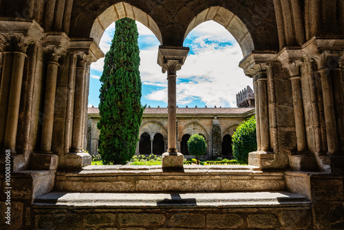 Medieval stone arches that give access to the courtyard of the cloister of the cathedral of Tui, Pontevedra.