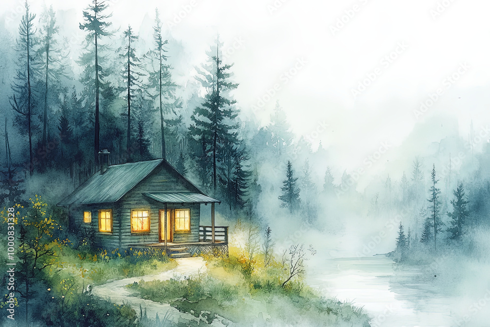 serene eco cabin nestled in misty forest, surrounded by tall trees and tranquil river. warm glow from windows invites sense of peace and solitude serene eco cabin nestled in misty forest, surrounded by tall trees and tranquil river. warm glow from windows invites sense of peace and solitude