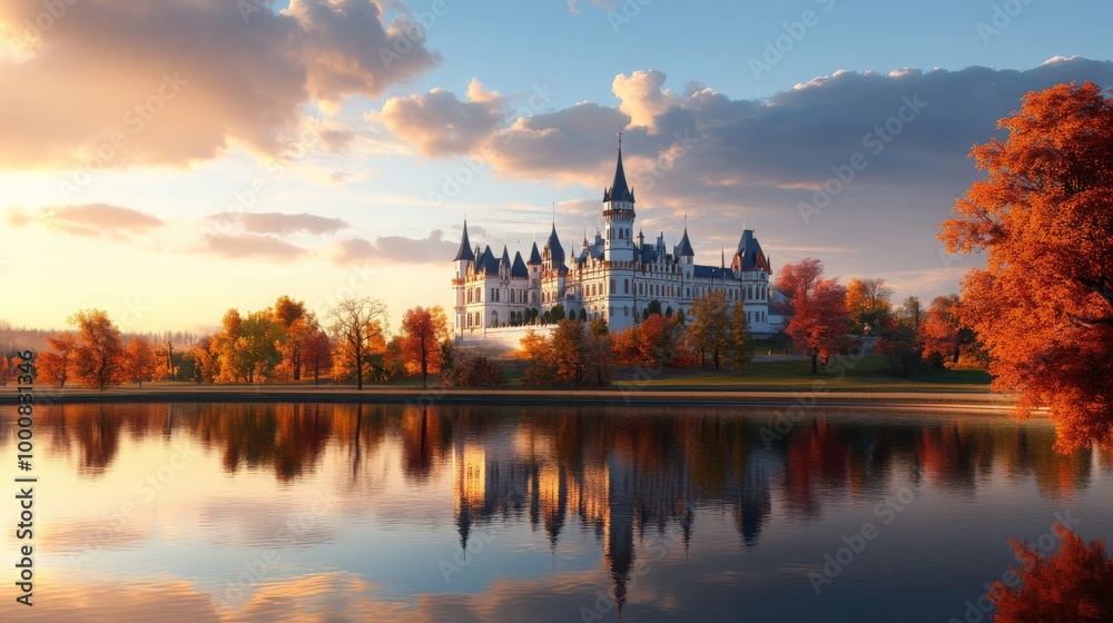 Majestic Castle Reflecting on Calm Autumn Lake at Sunset Majestic Castle Reflecting on Calm Autumn Lake at Sunset