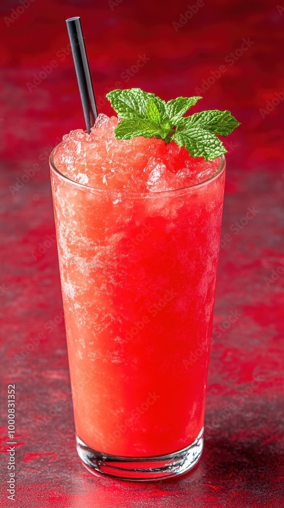 Refreshing red slush drink with mint garnish on vibrant background Refreshing red slush drink with mint garnish on vibrant background