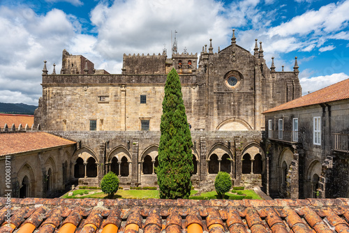 Interior courtyard of the cathedral of Santa Maria with a huge cypress tree in the center of the garden, Tui, Galicia.