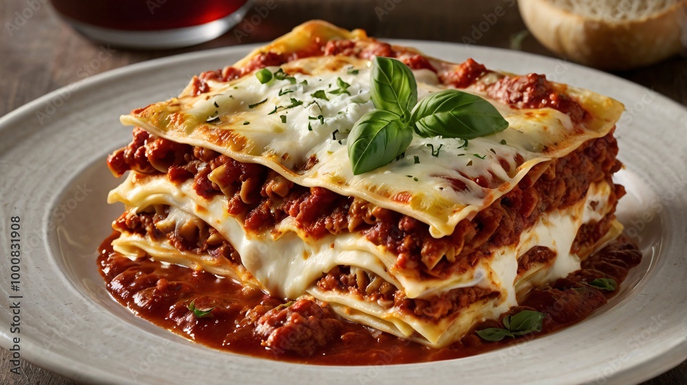 A beautifully plated dish of lasagna with layers of pasta A beautifully plated dish of lasagna with layers of pasta