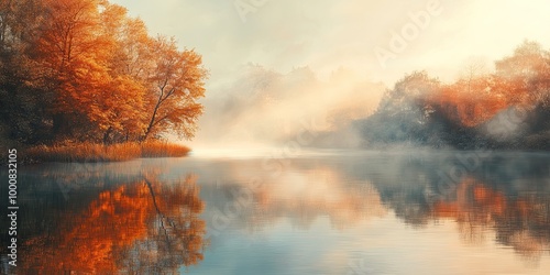 A quiet autumn lake at dawn, with a soft mist hovering over the water and the trees reflecting the warm colors of the morning light.