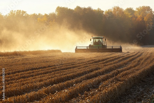 A combine harvester cuts through a field of grain with a cloud of dust rising behind it.