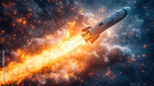 A rocket launching through a dramatic cloud-filled sky.