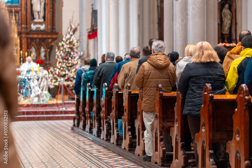 Obraz na plátně Church altar during Christmas Mass with The Nativity scene