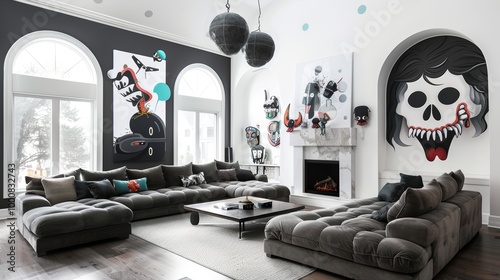 Spacious living area with arched windows and white brick walls. Features large pop art skull paintings and colorful character artwork. Oversized gray modular sofa dominates the center. 