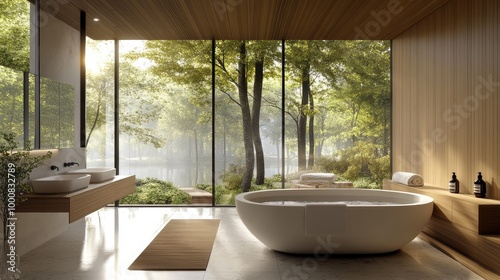 A modern spa bathroom, featuring sleek white fixtures, a sauna, and floor-to-ceiling windows framing views of the surrounding nature