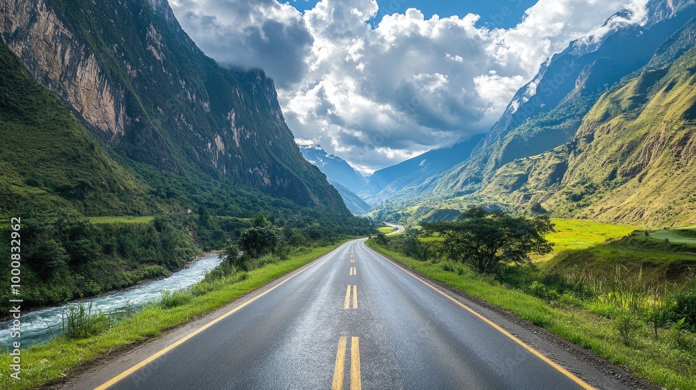 A scenic asphalt highway through a lush valley, with mountains rising on both sides and a river running alongside the road. A scenic asphalt highway through a lush valley, with mountains rising on both sides and a river running alongside the road.