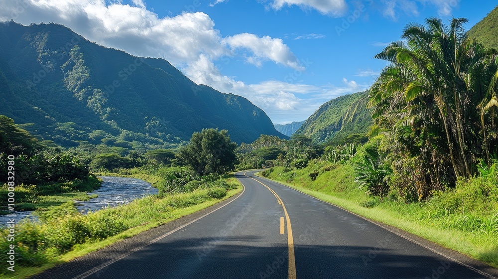 A scenic asphalt highway through a lush valley, with mountains rising on both sides and a river running alongside the road. A scenic asphalt highway through a lush valley, with mountains rising on both sides and a river running alongside the road.