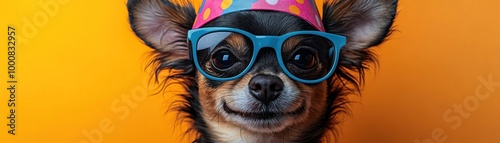 A Chihuahua with bright polkadotted party hat and glasses, cheerful and playful photo