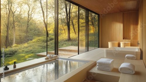 A modern spa bathroom, featuring sleek white fixtures, a sauna, and floor-to-ceiling windows framing views of the surrounding nature