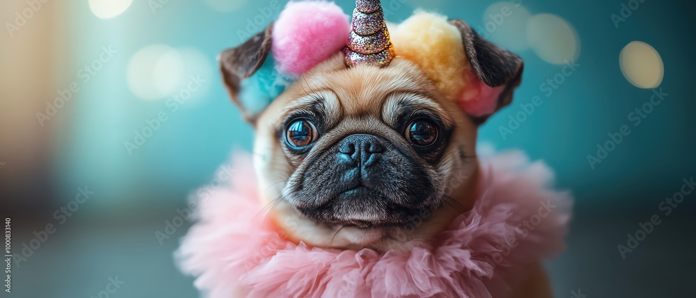 Fototapeta premium A pug dressed as a unicorn with a sparkly tutu, pastel colors against a teal backdrop