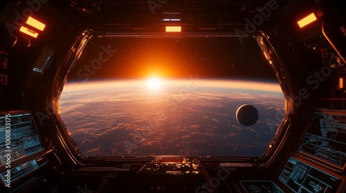 Spaceship Cockpit View of Planet Earth with Sunrise