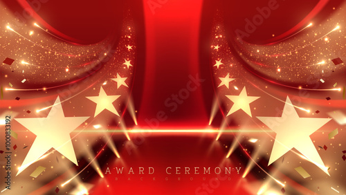 Red luxury award ceremony background with moving gold stars, light beams, bokeh, and ribbon decorations. Ideas for upscale event designs. Vector illustration.
