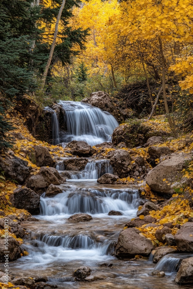 A small waterfall cascading through a forest of golden autumn trees, with leaves gently falling into the stream below.