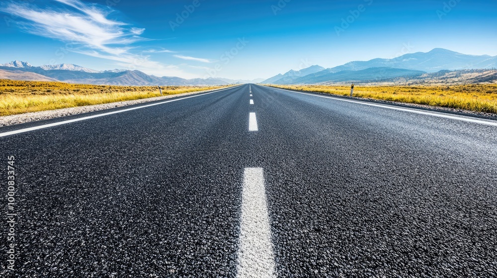 A smooth asphalt highway stretching into the distance under a clear blue sky, with mountains visible on the horizon. A smooth asphalt highway stretching into the distance under a clear blue sky, with mountains visible on the horizon.