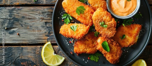 Fried Fish Cake Salmon Cod Appetizer On Wooden Table