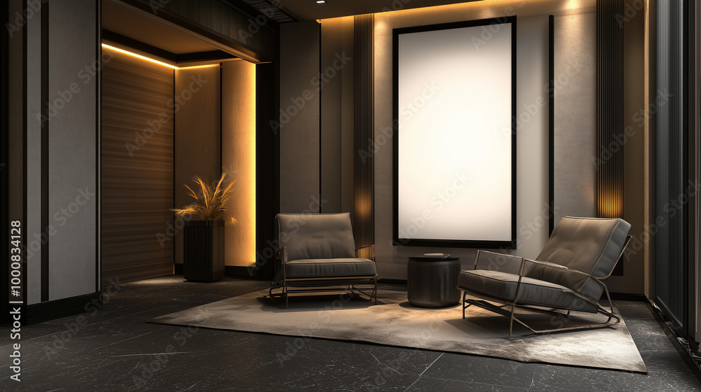 Beautiful Luxury Interior Mockup | Vertical Empty Poster Display in Modern Room | Elegant, Stylish Wall Decor Template for Design & Art Presentation Beautiful Luxury Interior Mockup | Vertical Empty Poster Display in Modern Room | Elegant, Stylish Wall Decor Template for Design & Art Presentation