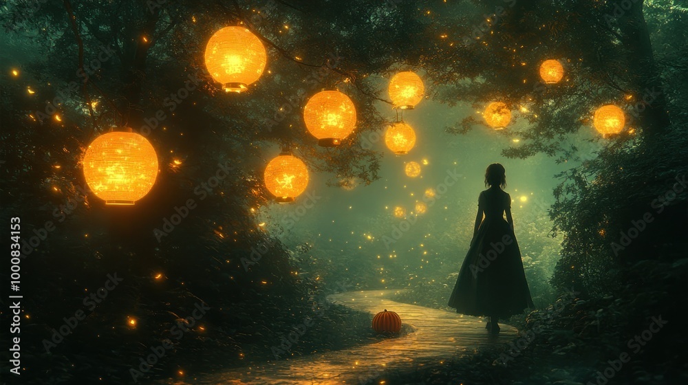 A silhouette walks along a glowing path in a mystical forest. A silhouette walks along a glowing path in a mystical forest.