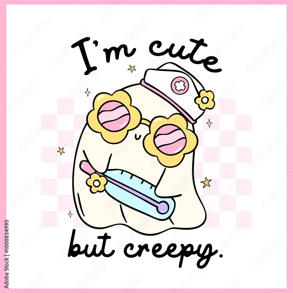 Obraz premium Cute Ghost Halloween Nurse Retro Pastel medical nurse life hand drawn doodle, idea for T Shirt Sublimation printable