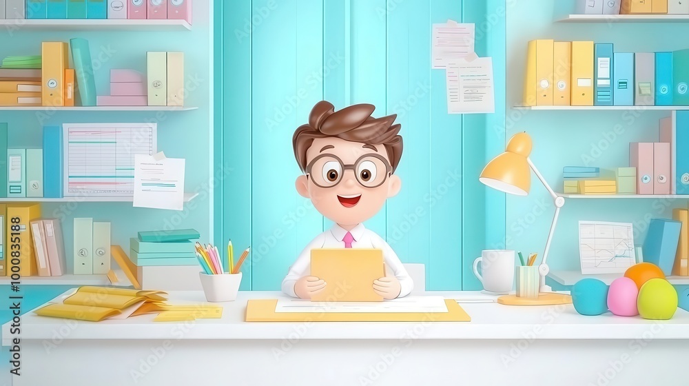 Financial executive reviewing debt load forecast during recession, office full of data, cute 3D illustration Financial executive reviewing debt load forecast during recession, office full of data, cute 3D illustration