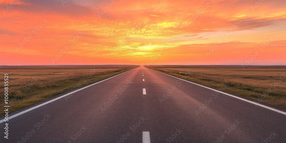 A vast, open asphalt highway leading toward a sunset, with the road stretching endlessly into the vibrant orange and pink sky. A vast, open asphalt highway leading toward a sunset, with the road stretching endlessly into the vibrant orange and pink sky.
