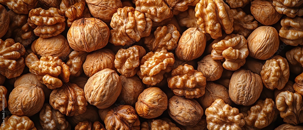 Top view of whole walnuts, arranged closely together