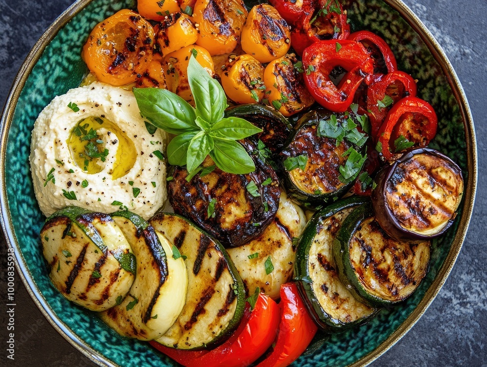 A vibrant plate of grilled vegetables, including bell peppers, zucchini, and eggplant, served with a side of hummus. A vibrant plate of grilled vegetables, including bell peppers, zucchini, and eggplant, served with a side of hummus.