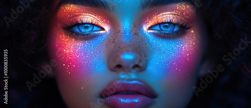 Vibrant woman with rainbow hair, glowing makeup, and a look of wonder