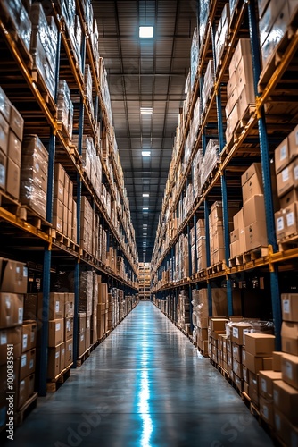 Warehouse aisle with towering shelves filled with boxes, bright overhead lights, symmetrical shot