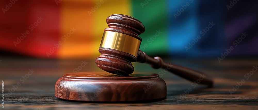Wooden gavel on table with rainbow flag backdrop, symbolic, dramatic lighting, shallow depth of field Wooden gavel on table with rainbow flag backdrop, symbolic, dramatic lighting, shallow depth of field