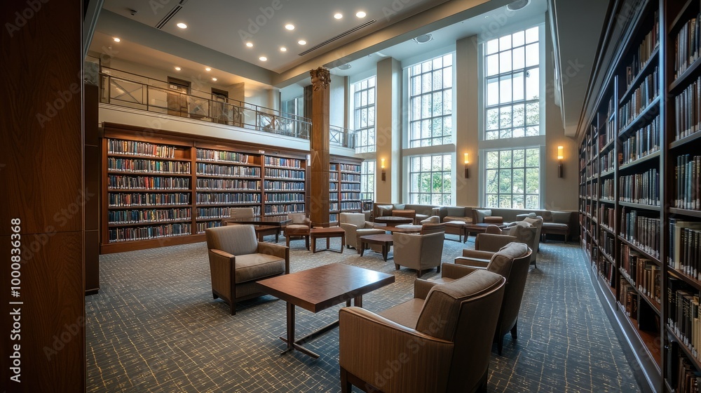 A quiet library with study tables, cushioned chairs, and stylish sofas. Shelves filled with books, offering a peaceful environment for reading. A quiet library with study tables, cushioned chairs, and stylish sofas. Shelves filled with books, offering a peaceful environment for reading.