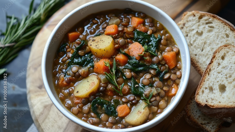 A warm bowl of lentil stew with carrots, potatoes, and spinach, served with a crusty slice of whole-grain bread. A warm bowl of lentil stew with carrots, potatoes, and spinach, served with a crusty slice of whole-grain bread.