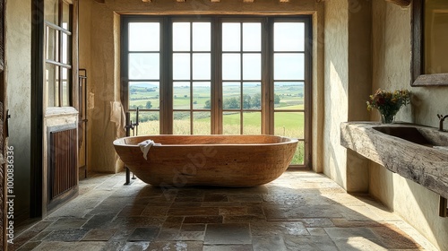 A rustic Tuscan farmhouse bathroom, with stone floors, a wooden bathtub, and large windows framing views of rolling hills