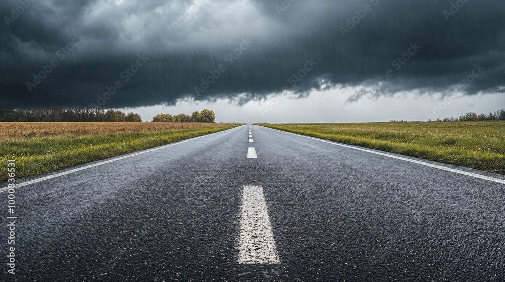 A wide, empty asphalt highway under stormy skies, with dark clouds gathering overhead and rain just beginning to fall. A wide, empty asphalt highway under stormy skies, with dark clouds gathering overhead and rain just beginning to fall.