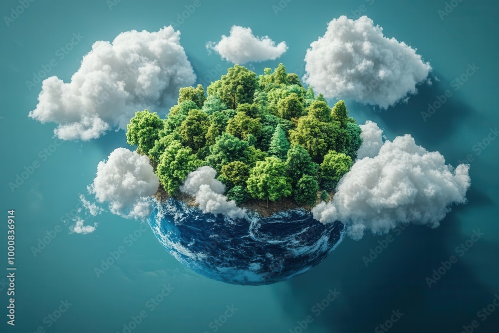 Floating island with lush trees and clouds in blue water. Floating island with lush trees and clouds in blue water.