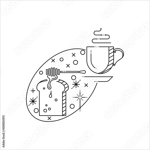 Breakfast Icon Monoline Style, Coffee Cup Toast Honey Dipper M_2211002