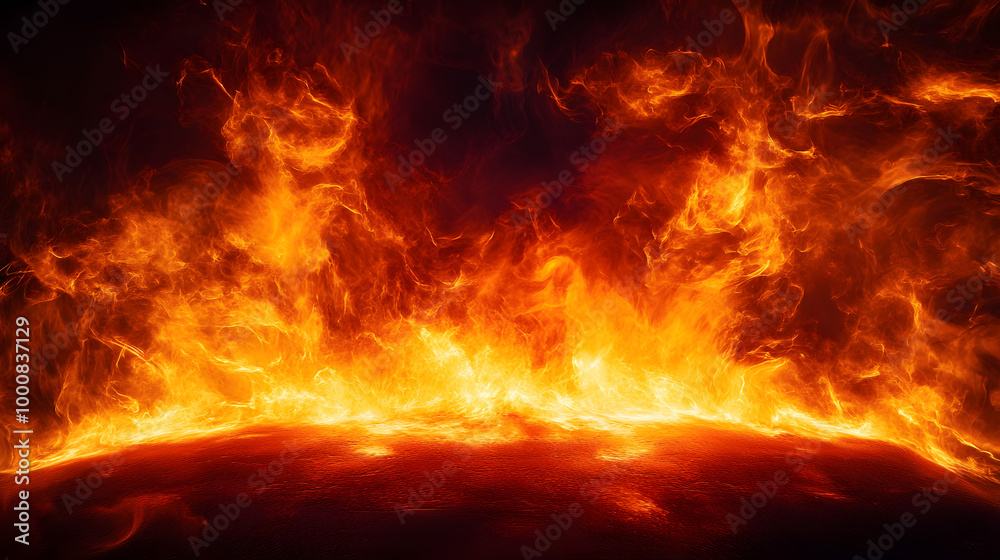 Dramatic fire and smoke effect glowing red and yellow colors exploding outwards with center space. Vivid and hot hell abstract or blazing fire background or wallpaper