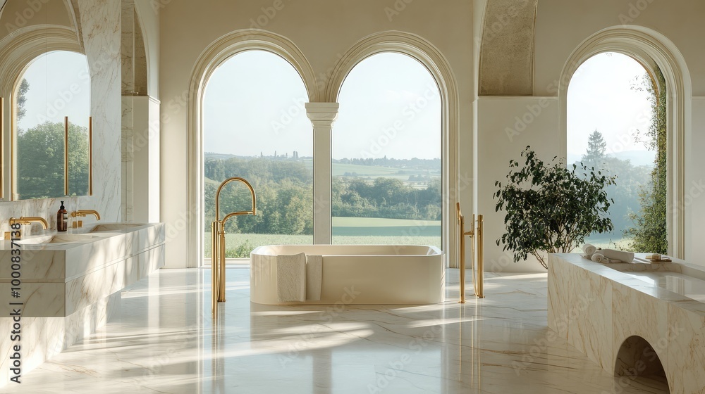 Fototapeta premium A sleek Italian villa bathroom, with marble floors, gold fixtures, and a large sunken bathtub framed by arched windows overlooking the countryside