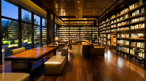 Contemporary library with polished wood tables, cushioned chairs, and sleek leather sofas. Bookshelves line the walls, providing a wealth of reading material.