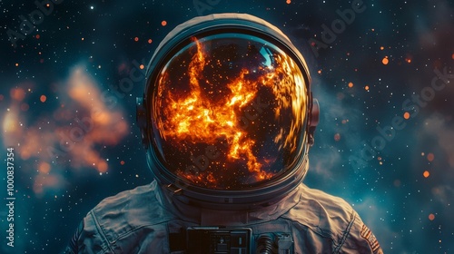 Astronaut helmet reflecting a fiery nebula, set against a contrast of blue and orange hues with scattered stars.