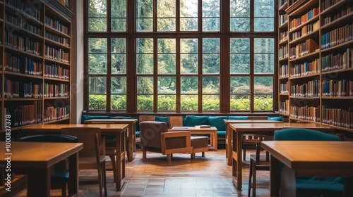 Wallpaper Mural Cozy library interior with wooden tables, plush reading chairs, and soft sofas. Ample natural light coming through large windows. Torontodigital.ca