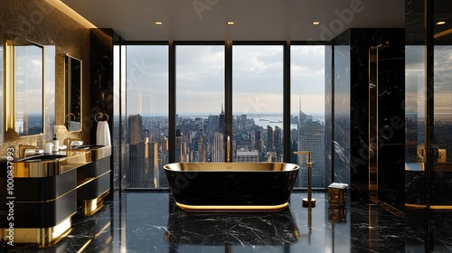 A sleek modern penthouse bathroom, featuring black marble floors, gold fixtures, and large windows framing views of the city skyline