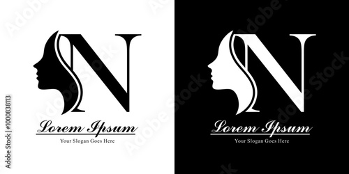 Logo design in the form of a silhouette of a woman's face combined with the letter N