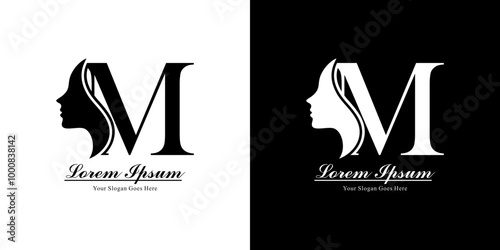 Logo design in the form of a silhouette of a woman's face combined with the letter M